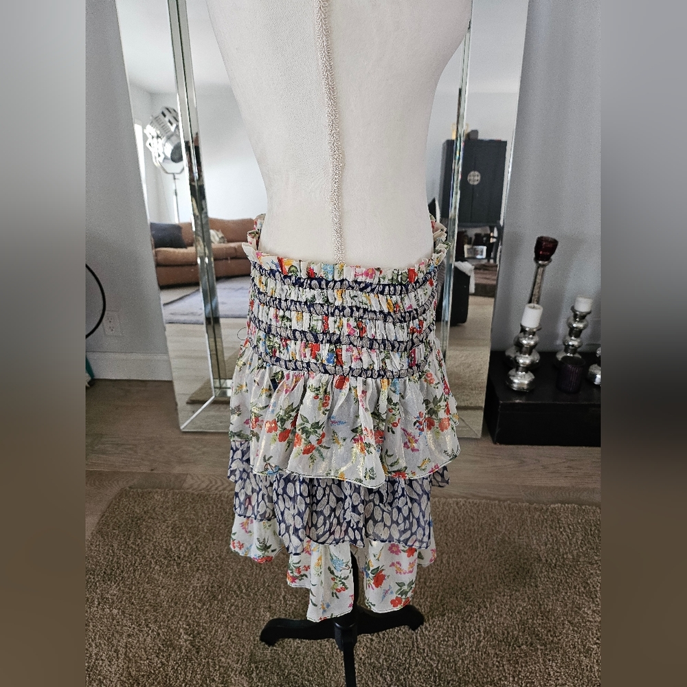 Current Air Floral Ruffle tiered Metallic Smocked Mini Skirt. Med - Picture 5 of 7